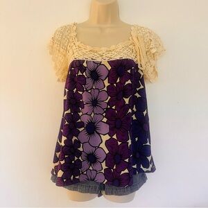 Anthropologie Corey Lynn Calter Purple Cream Floral Crochet Blouse Size Small